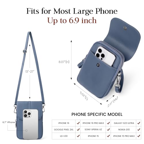 befen Genuine Leather Small Crossbody Bags for Women, Multi Pocket Cell Phone Crossbody Purse with RFID Blocking Card Slots - color: Light Blue