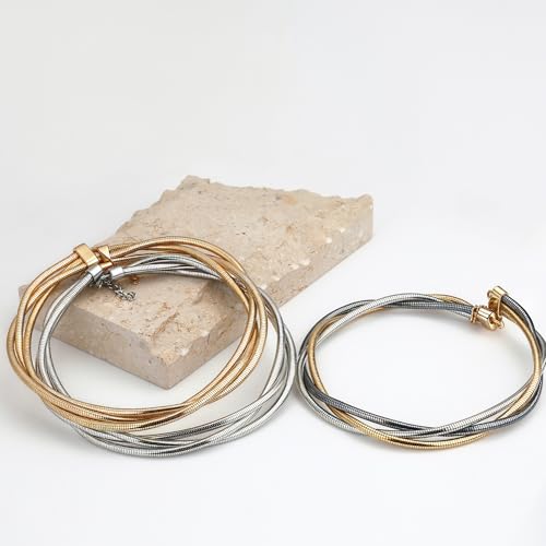 Chunky Gold Collar Choker Statement Necklace for Women Trendy | Gold Plated Layered Twist Flat Thick Snake Herringbone Chain African Torque Necklace Prom Boho Necklaces Party Jewelry Gift - style: 3 Twisted Chain/Gold&Silver