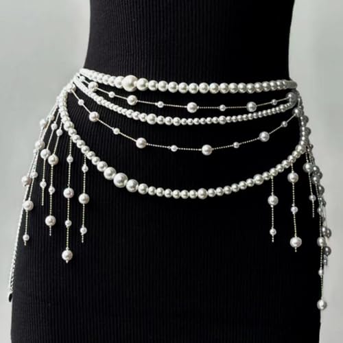 Multilayer Imitation Pearl Waist Chain for Women Trendy Waistband White Pearl Body Chain Long Tassel Pendant Waist Chain Wedding Bridal Dress Belt Fashion Trend Metal Chain Body Chain Jewelry - color: White1