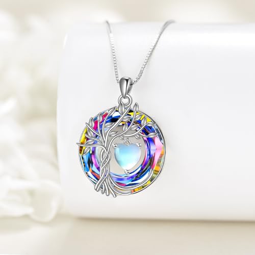 POPLYKE Mothers Day Gifts for Mom Her Wife Tree of Life Necklace 925 Sterling Silver Birthstone Pendant with Crystal Anniversary Birthday Wedding Jewelry for Women - color: 06-Jun-Moonstone, style: White Gold Plated-Volcano Crystal