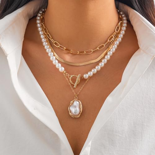 Layered Pearl Necklace for Women,Chunky Baroque Pearl Statement Necklace,Gold Irregular Bead Necklace Vintage Jewelry
