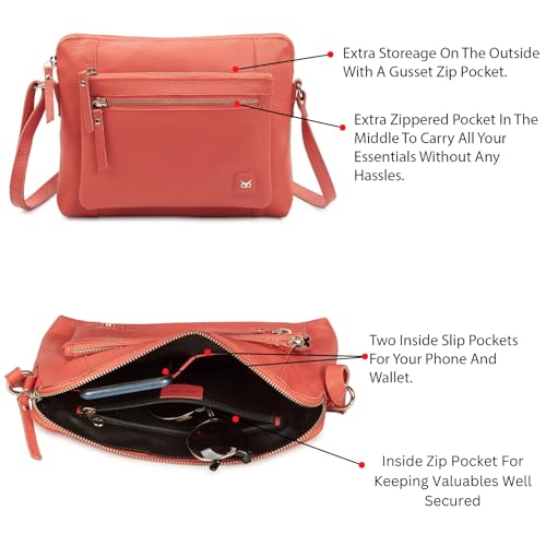 Leather Crossbody Bags for Women Small Soft Genuine Pebbled Sling Shoulder Handbag Crossover Purse with Full Adjustable Strap (Coral Nappa) - color: Coral Nappa
