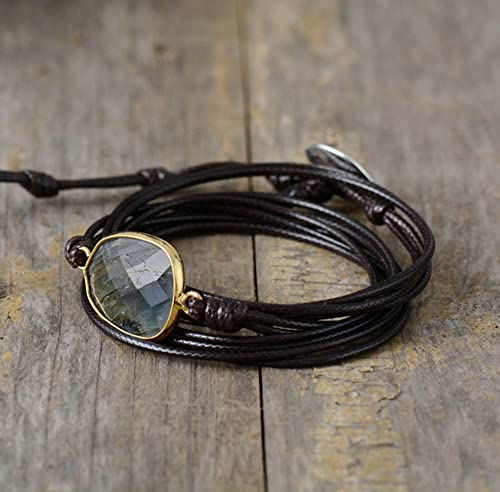 Women Wrap Bracelet Boho Natural Jasper Crystal Stone Beads Strand Bracelets - color: Gray Labradorite