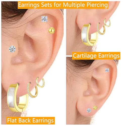 Silver Gold Plated Surgical Steel Flat Back Earrings for Women Hypoallergenic 14K Gold Plated Stud Huggie Earring Set Fashion Shell Cubic Zirconia Flatback Studs Cartilage Earrings Pack for Multiple Piercing 5/8Pairs - color: 6 Pairs Gold Plated Shell Wat