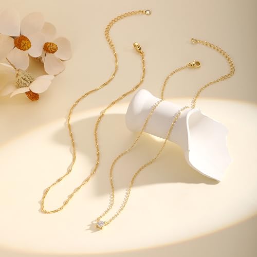 Layered Gold Necklace for Women Trendy 14K Gold Plated Heart CZ Pendant Layered Gold Necklaces Set Coin Choker Necklaces Simple Circle Cubic Zirconia Pearl Necklace Stack Herringbone Paperclip Chain Jewelry Set - style: 2PCS-Twisted rope zircon-GD