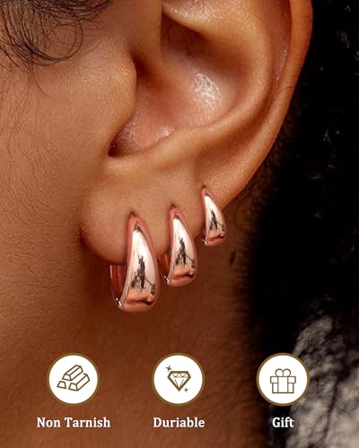 BESTEEL 3Pairs 14K Gold Plated Hoop Earrings Set for Women Chunky Earring Silver Plated Hypoallergenic Small Huggie Hoops Lightweight Tiny Thick Trendy Hoop Earrings Stacks for Multiple Piercing - color: rose gold plated