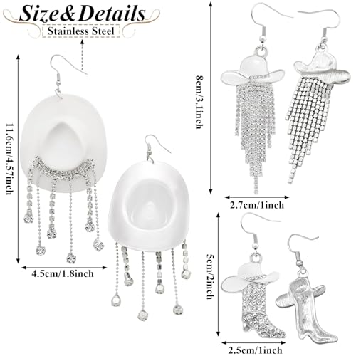 RechicGu 3 Pairs Western Cowgirl Cowboy Hat Earrings Set Silver Symmetric Boots Sparkly Rhinestone Tassels Drop Dangle Rural Culture Earrings Set For Women - color: Silver Boots,White Hat