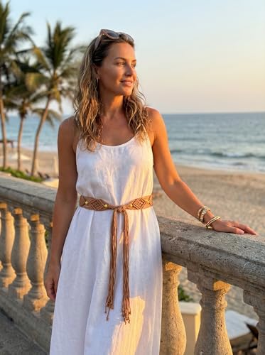 TeeYee Women's Waist Belt Adjustable Boho Style Handwoven Bohemia Tassel Rope Tie with Wooden Beads Braided Chain for Dress - color: 283tan