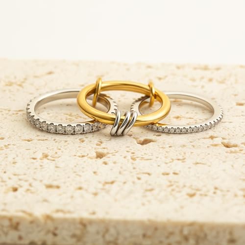 Gold Stackable Rings for Women Non Tarnish, 18k Gold Plated Cubic Zirconia Rings, Silver Gold Multi Ring Mixed Metals Stack Rings Set - color: 2 stones rings, size: 8