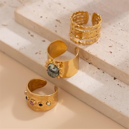 3Pcs Chunky Statement Ring Set for Women,Stackable Wide Band Rings Vintage Shiny Crystal Adjustable Finger Rings Statement Aesthetic Ring Pack - color: Gold