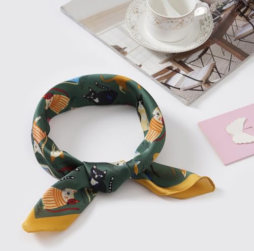 CHUNG Women's Scarf Hair Bandanas Square 27.5" Satin Wrap Fashion Pattern Scarves Emulation Silk Handbag Ribbons Necktie - color: Dark Green Cats
