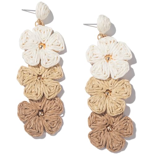 Boho Flower Earrings Statement Raffia Dangle Earrings Cute Floral Jewelry Trendy Summer Beach Vacation Outfits for Women - color: Ivory/Wheat