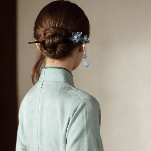 2 PCS Plum Blossom Tassel Hair Stick Blue Flower Hairpin Fashion Double Floral Hair Chopsticks Wooden Elegant Vintage Hair Pins Hair Bun Updo Holders Chinese Hanfu Hair Accessories for Women Girls