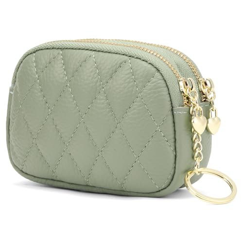 SENDEFN Women's Coin Purse Genuine Leather Wallet Small 2 Zippers Change Pouch Purse with Keychain Ring - color: 2-Green