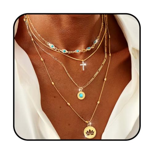 Tgirls Gold Multilayer Necklace Boho Turquoise Choker Necklaces Cross Pendant Necklace Jewelry