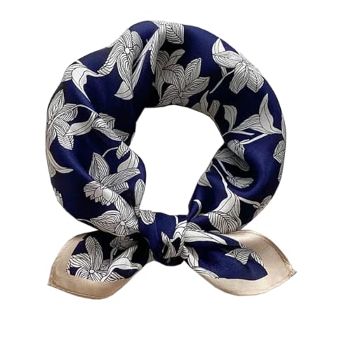 ANDANTINO 100% Mulberry Silk Scarf -21” Square Neckerchief with Gift Packed - color: Leaves-navy Blue