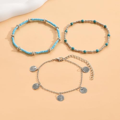 Stack Anklets Ankle Bracelets for Women Adjustable Waterproof Beach Jewelry Set Boho Gold Seashell Bead Surf Foot Chain Summer Gifts - color: 3pcs-Blue