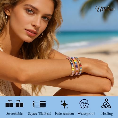 Tila Flat Square Stack Beaded Bracelets Set for Women Men, Boho 3Pcs Romantic Handmade Healing Gold Colorful Stretch Accessories Jewelry, Daily Vacation Party Holiday Friendship Gift - color: Rainbow