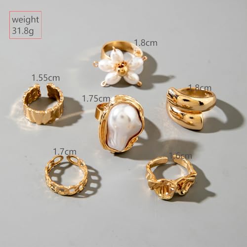 Chunky Gold Irregular Rings Stack Set for Women Statement Baroque Pearl Flower Stackable Knuckle Finger Ring Non Tarnish Boho Hammered Jewelry Gifts - color: Gold Flower
