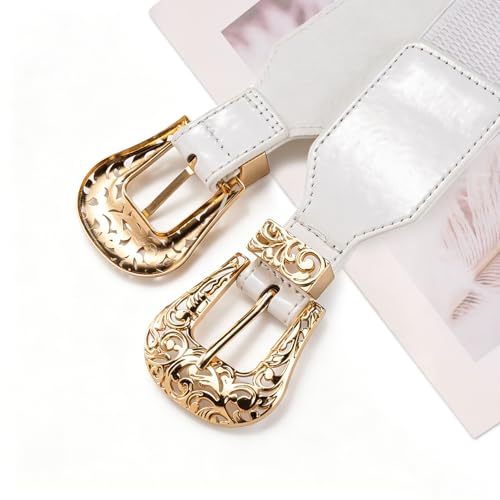 Dubulle Womens Belt Chain Leather Belts Vintage Western Adjustable Elastic Double Buckle for Cowboy Pant Dress - color: White Gold
