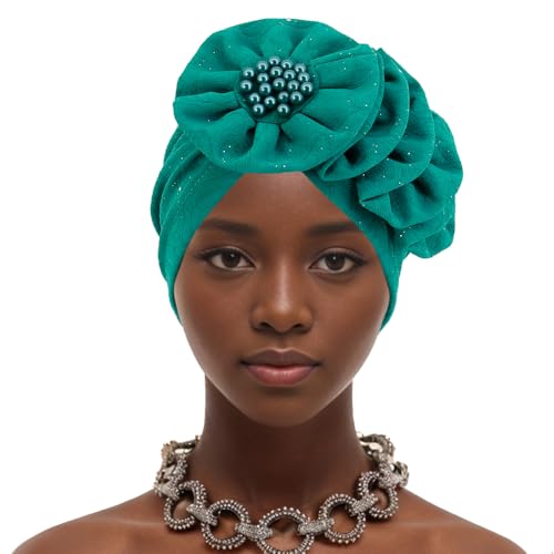 Erinaco Women Sparkle Sequin African Turban Bow Knot Pre-Tied Cap Pleated Ruffle Bonnet Beanie Hat Headwrap Skull Caps - color: Beaded Green