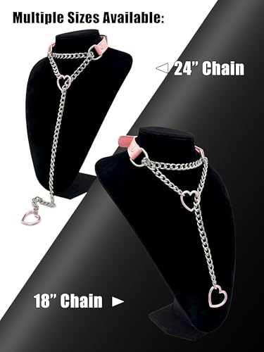 Black Leather Choker Collar For Women, Handmade Heart Slip Chain Choker Long Necklace with Adjustable Buckle - color: B-Pink-Silver-Pink, size: 18''chain