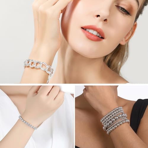 IFKM Gold Chain Bracelets Set for Women, 14K Gold Plated Multiple Layered Stackable Open Cuff Bangle Bracelet Anklet Bracelets Adjustable Link Tennis Beads Italian Cuban Jewelry for Women Gift - style: 28PCS Set