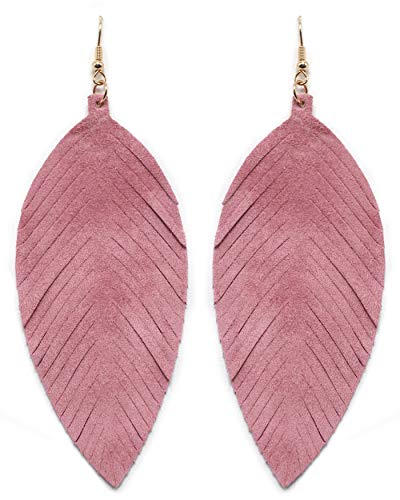 Large Genuine Soft Leather Handmade Fringe Feather Lightweight Tear Drop Dangle Color Earrings for Women Girls Fashion - color: PINK