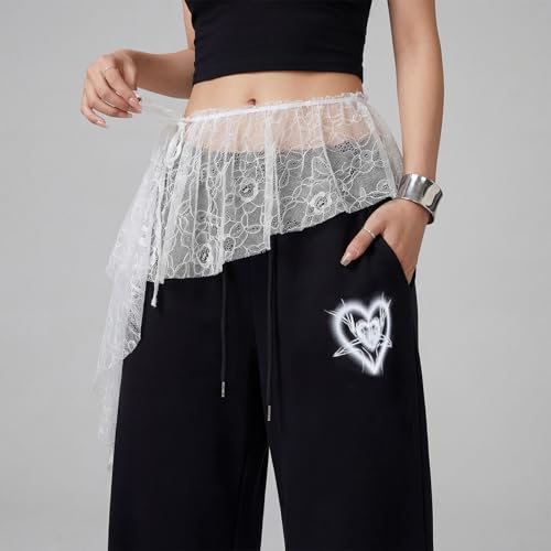 Women Y2K Lace Fringe Hip Scarf Boho Triangle Tassel Waist Cover Up Skirt Wrap Sheer Tie Belt Aesthetic Streetwear - color: White
