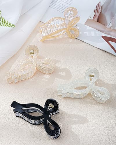 Mesovor 4 Pack Elegant Bow Hair Claw Clips, Nonslip 4.3" Large Hair Grip Hairclips for Thin and Thick | Acrylic Hair Strong Hold Hair Jaw Clamps (Mermaid Crack, Black) - color: Mermaid Crack, Black