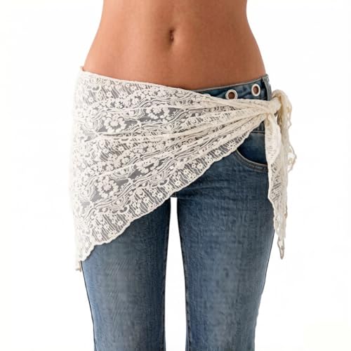 Women's Floral Lace Triangle Hip Scarf Head Kerchief Tie Waist Belt Sheer Hip Wrap Boho Head Scarf Hair Accessory - color: Z4-white