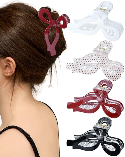 Mesovor 4 Pack Bow Hair Claw Clips for Women, Nonslip 4.3" Large Hair Grip Clawclips for Thin and Thick | Bowknot Hair Strong Hold Hair Jaw Clamps Gifts (Black, Burgundy, White, Red Polka Dots) - color: Black, Burgundy, White, Red Polka Dots