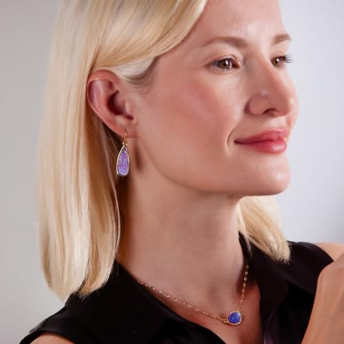 Teardrop Dangle Earrings for Women with Simulated Druzy Stones, in Gold or Rose Gold Tone - color: Gold - Purple Stone