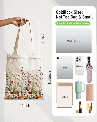 METALPHA Aesthetic Tote Bag for Women Girls - Resuable Double-Sided Printed Canvas Tote Bag with Snap Closure and Pocket - color: Verticalwildflowers
