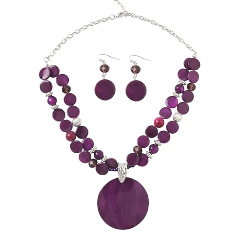 Layered Beads Statement Fashion Necklace Chunky Jewelry Set Big Colorful Glass Stone Circle Shell Pendant Choker Necklace and Earring Set for Women - color: purple
