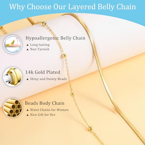 CHESKY 14K Gold Plated Silver Plated Waist Chain for Women, Layered Belly Belt Chains Beach Waist Beads Chain Waterproof Snake Cuban Body Chain Summer Jewelry Accessories for Women - style: snake bead-gd
