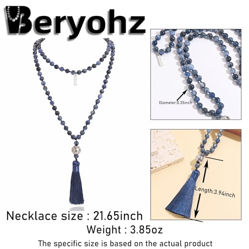 Long Bohemian Hand Knotted Stone Beaded Tassel Necklace for Women Statement Jewelry Gift - color: Blue