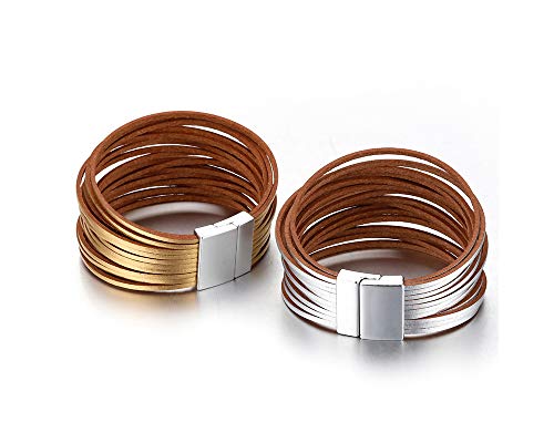 Fesciory Leather Wrap Bracelets for Women, Boho Leopard Multi-Layer Crystal Beads Cuff Bracelet Jewelry - color: B13:Short Silver