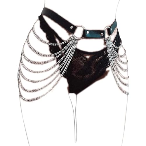 Punk Leather Belly Waist Chain Belt,Punk Sexy Gothic Jewelry Accessories Waist Chain Goth Belt Silver Layered Body Chains - style: Multi chain waist belt