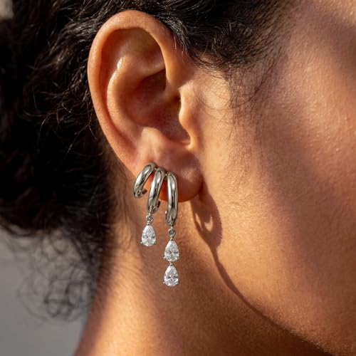 Triple Huggie Stacked Earrings for Women Gold Chain Drop Dangle Earrings Cute Statement CZ Earrings Trendy Dainty Jewelry Gift - color: Silver 4