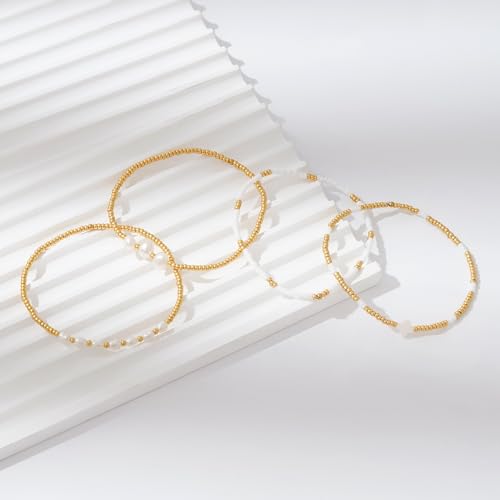 Dainty Gold Plated Pearl Crystal Beaded Bracelets Set for Women 14K Gold Plated Bead Pearl Beads Bracelet Stackable Paperclip Link Chain Bracelets Gold Plated Bracelets for Women Trendy Jewelry - color: Style3-shell cross pearl gold beads set