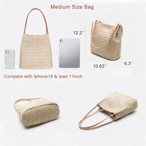 Aphoraeny Straw Beach Bag Buckets Totes Handbag Shoulder Tote Bag Straw Purse Summer Purse Women Summer Handbag - color: A-light Beige