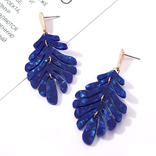 ARATLENCH Acrylic Pendant necklace Earrings – Long Statement Leaf Charm Necklace Tortoise Resin Palm Leaf Earrings Fashion Necklaces Earrings for Women - color: deep blue earrings
