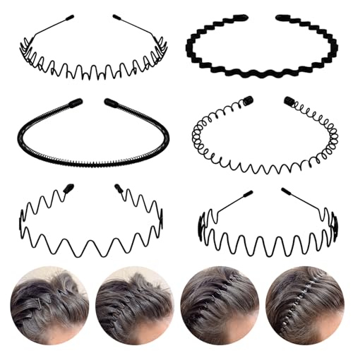 6PCS Metal Hair Bands, Spring Wavy Hoop Unisex Black Headband Slicked Back Non Slip Sports Hairband for Women Men… - color: 6 pcs