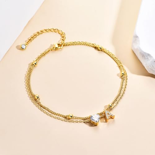 Ankle Bracelets for Women Waterproof 14K Gold Plated CZ Initial Anklet for Women Dainty Layered Letter Heart Ankle Bracelets Handmade Adjustable Foot Chain Anklet Summer Beach Jewelry - color: gold B