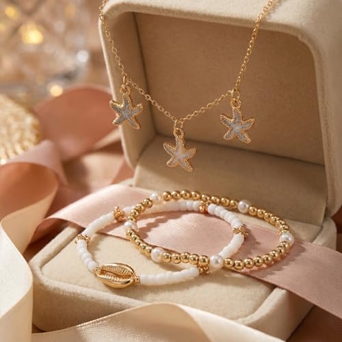 Boho Beads Beach Layered Anklet Set for Women, Handmade Gold Starfish Pearl Shell Anklets Summer Ocean Accessories Jewelry Gift - color: PStarfish