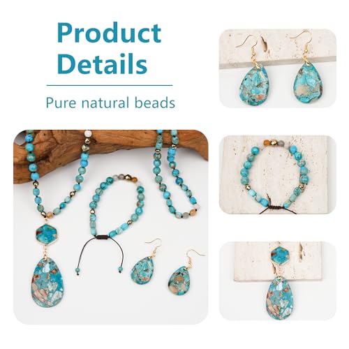 Boho Jewelry Sets for Women | 3 Pcs Natural Amethyst Labradorite Rose Quartz Beaded Long Necklace Wrap Bracelet Dangle Earrings Handmade Vintage - color: Turquoise