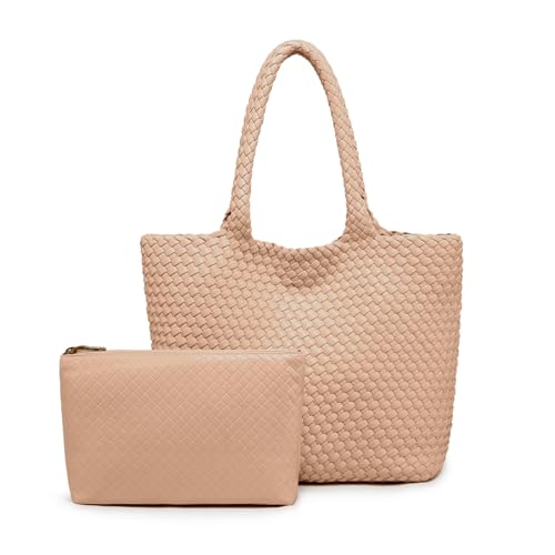 Woven Tote Bag for women,Vegan Leather Woven Satchel Handbag,Shoulder bag with Pouch,Hobo bag fits13-14” laptops - color: Apricot