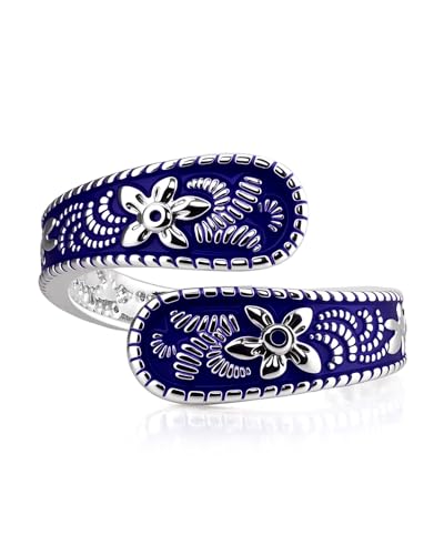 Vintage 14K Gold Plated and Silver Spoon Ring – Adjustable Ring with Carving Design for Women, Unique Boho Open Ring for Gift - color: Silver & Blue