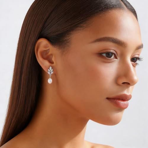Pearl Earrings for Women Dainty Diamond Pearl Drop Earrings 14k Gold Plated Dangle Earrings for Women Weddings Gifts Bridesmaid Gifts - color: D-silver pearl earrings